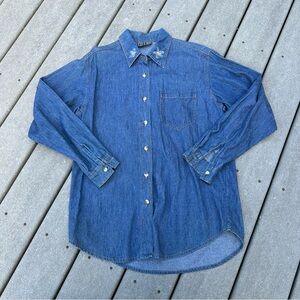 Vintage 90s embroidered flower button-down denim shirt